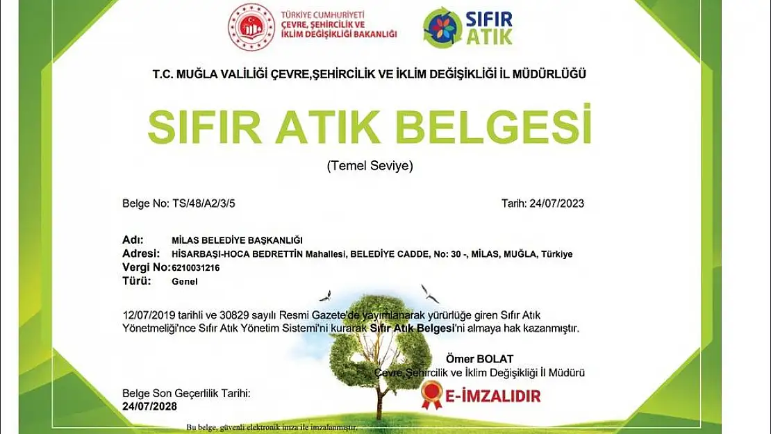 Milas belediyesi sıfır atık belgesi aldı