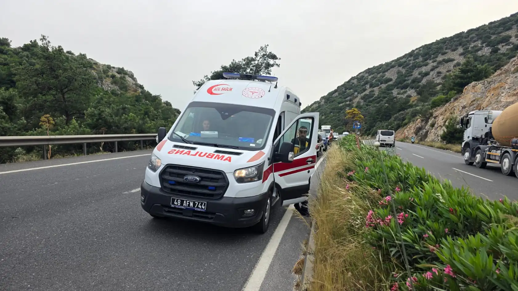 Milas Bodrum karayolunda kazayı izlemeye gelen köpeği ezilmekten polis kurtardı