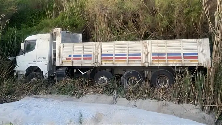 Milas'ta kontrolden çıkan kamyon şarampole devrildi